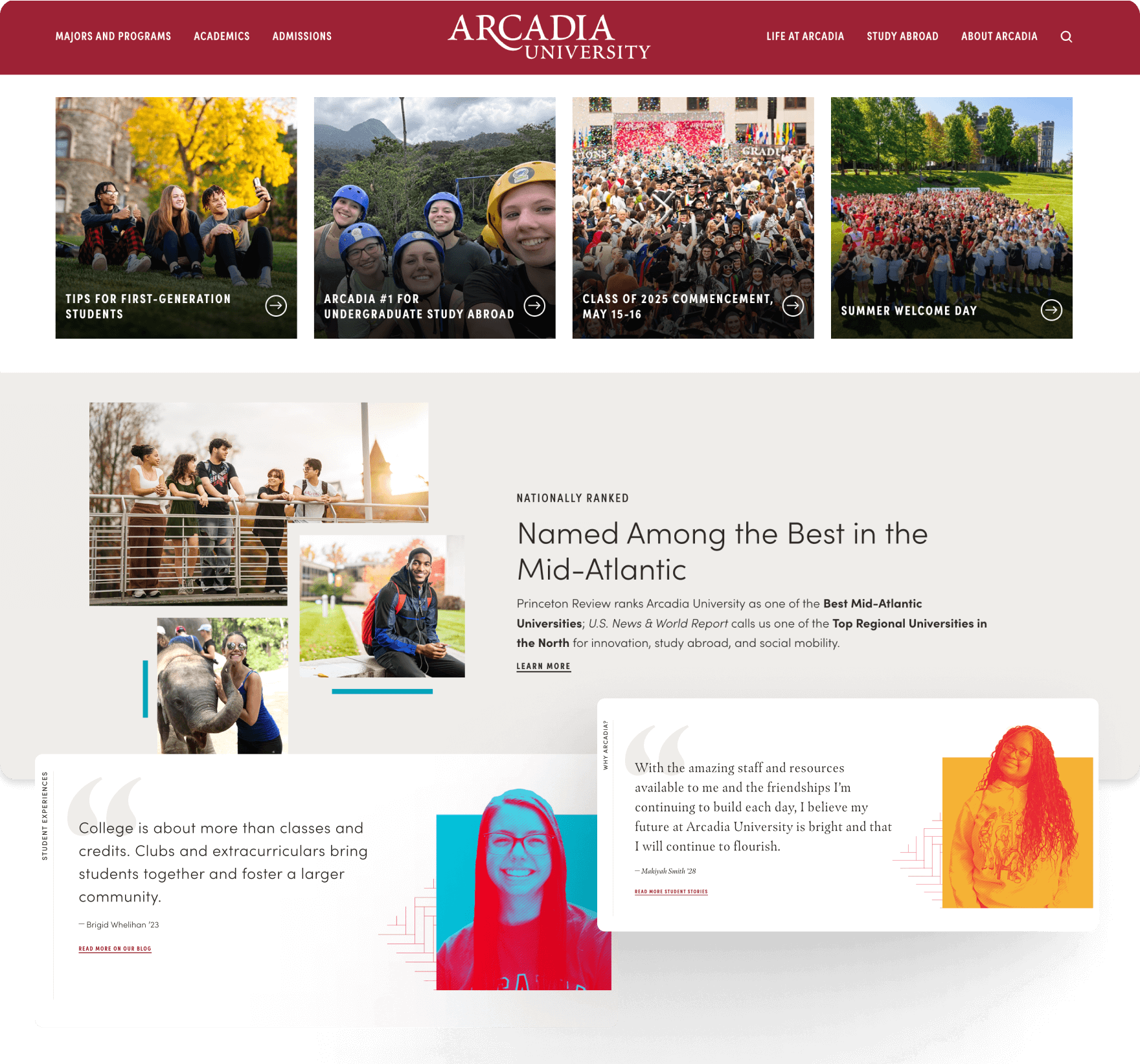 Arcadia University homepage featuring photo carousels, student testimonials, and rankings for best Mid-Atlantic universities.
