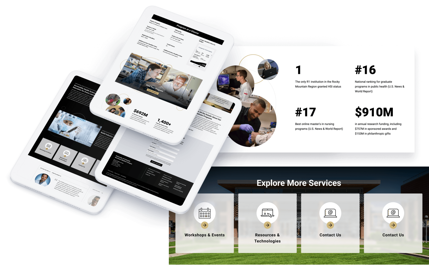 CU Anschutz Medical Campus digital program page design with tablets displaying degree details, stats about rankings and research funding, and callouts for workshops, events, and contact info.