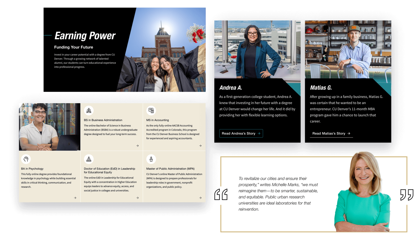 A series of UI components from the CU Denver website, showcasing degree program cards, alumni stories, and a quote from Chancellor Michelle Marks. Layouts highlight student success and funding support.