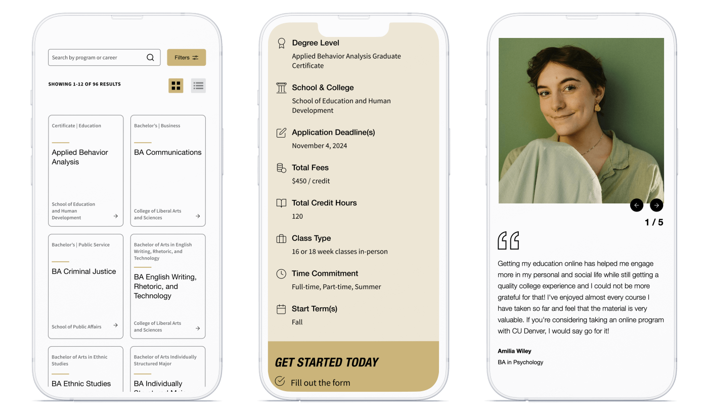 Mobile screens display CU Denver Online program search, program details, and a student testimonial. Filters and cards present programs, fees, class type, and degree info.