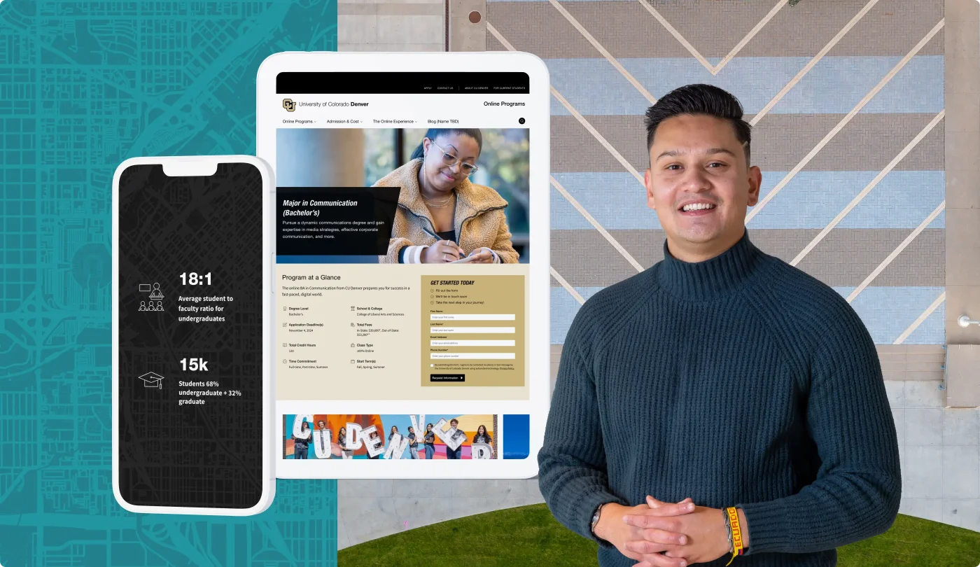 A smiling student stands in front of a stylized University of Colorado Denver background. Two devices float beside him, showcasing the online communication degree program with key stats.