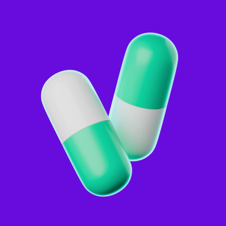 3D illustration of two green and white capsule pills on a solid purple background.