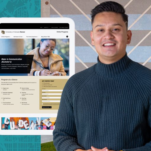 A smiling student stands in front of a stylized University of Colorado Denver background. Two devices float beside him, showcasing the online communication degree programs.