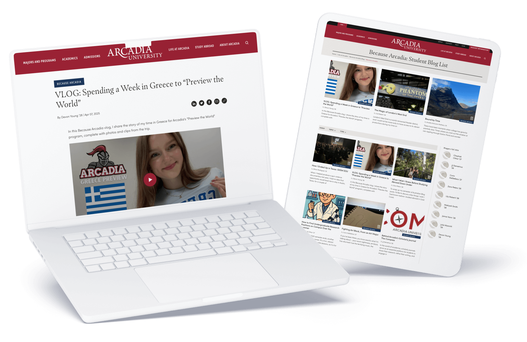 Laptop and tablet screens displaying Arcadia University’s student blog pages, featuring a video thumbnail and article listings highlighting student experiences and study abroad stories.