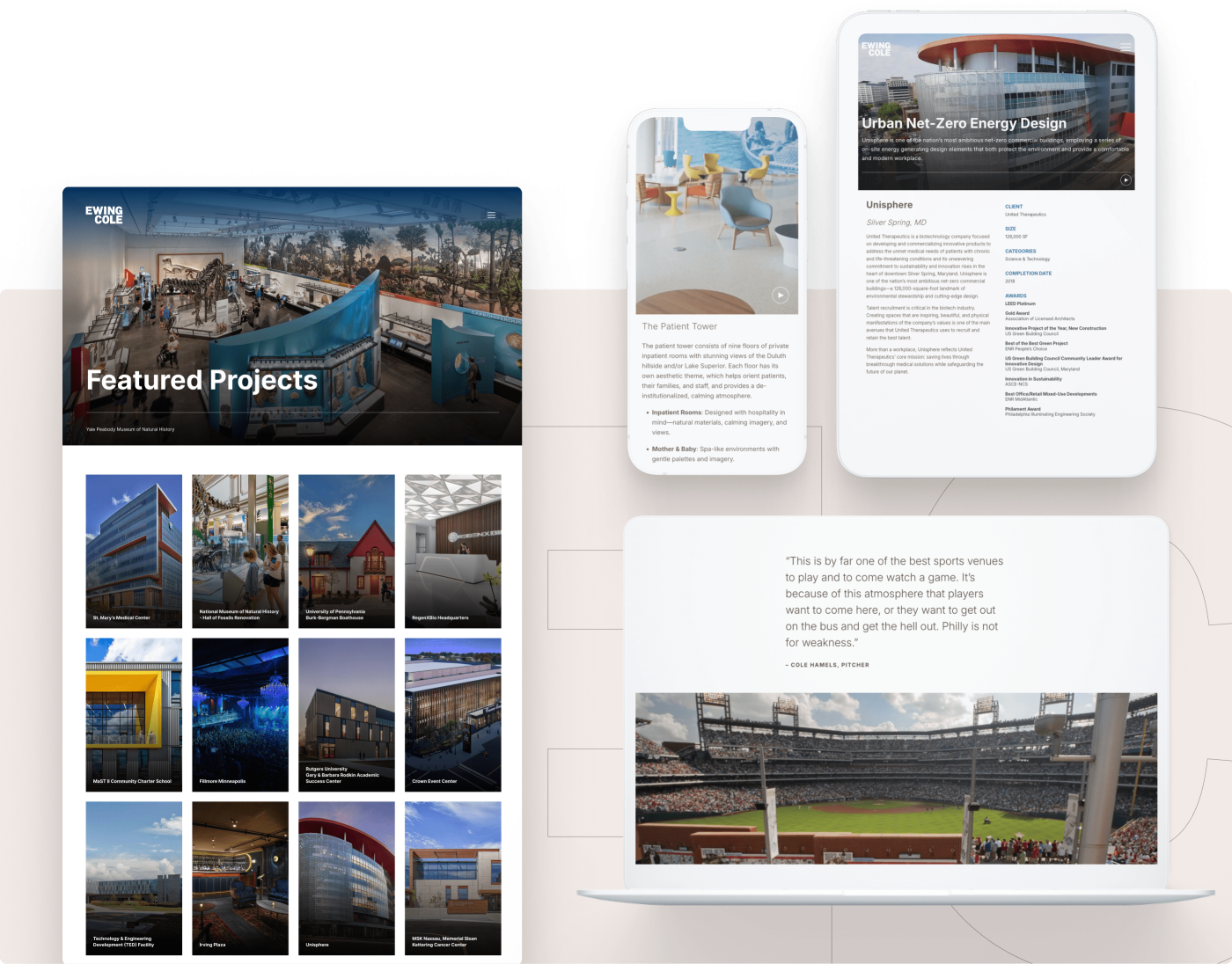 Collection of project pages and feature layouts from EwingCole’s redesigned site showing a masonry-style grid of project images, individual project details, and embedded client testimonials emphasizing breadth and visual impact.