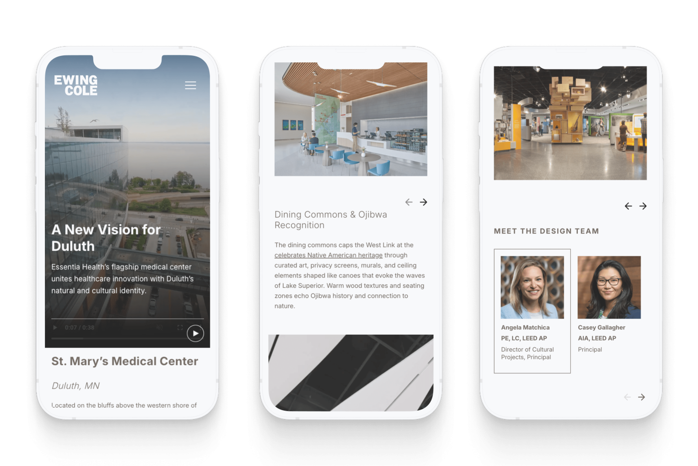 Three mobile phone mockups displaying EwingCole project pages for St. Mary’s Medical Center, Dining Commons & Ojibwa Recognition, and Meet the Design Team, demonstrating the site’s responsive UX and emphasis on storytelling through imagery.