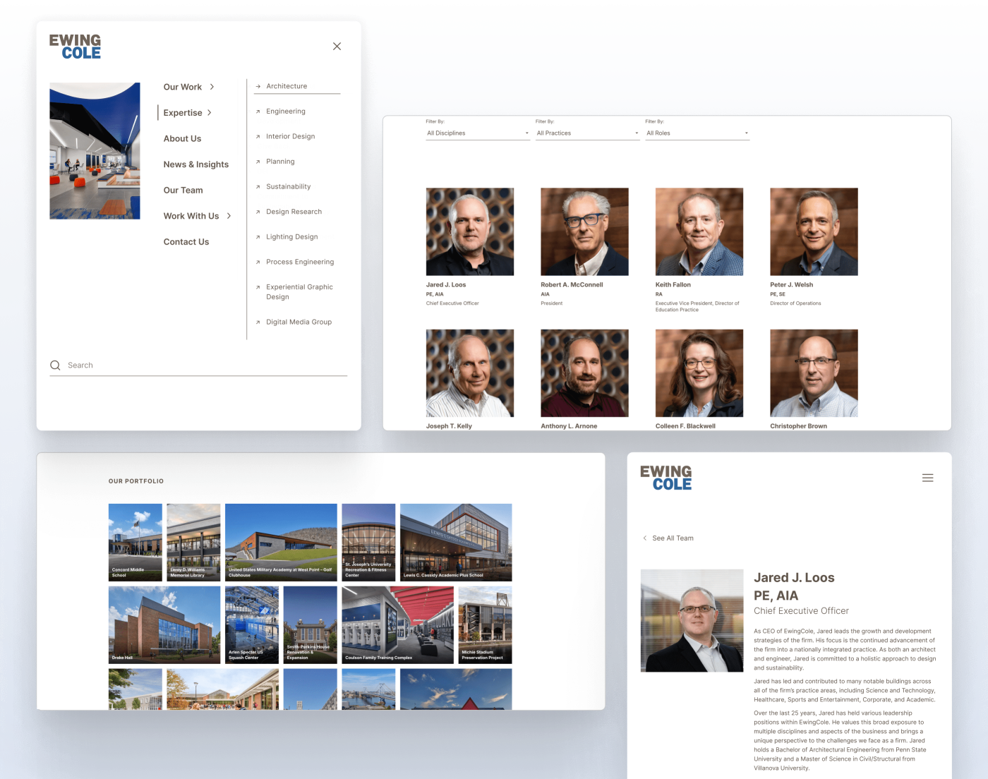 Collage of UI components from the EwingCole website redesign, including navigation menus, team bios, and portfolio grids — showcasing flexible content structures, organized hierarchy, and visually balanced layouts.