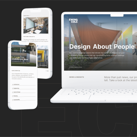 Laptop and mobile mockups of the redesigned EwingCole website showing the homepage hero with the headline “Design About People,” emphasizing the firm’s human-centered approach and clean, modern UX design.