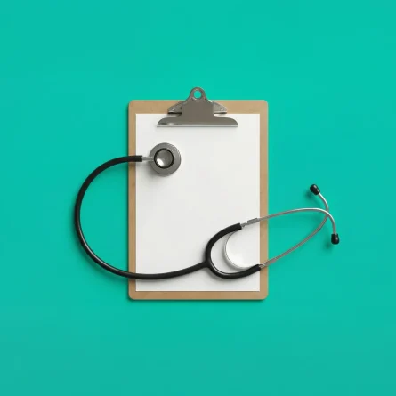 Stethoscope resting on a clipboard against a teal background, representing healthcare marketing, patient acquisition, and medical practices.