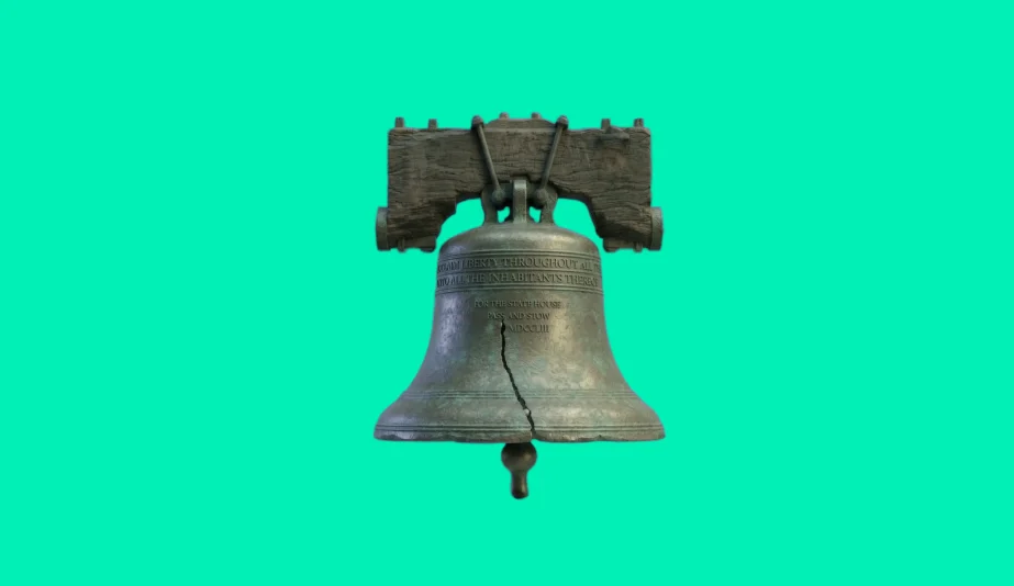 Liberty Bell isolated on a teal background, representing Philadelphia web development and local digital expertise.