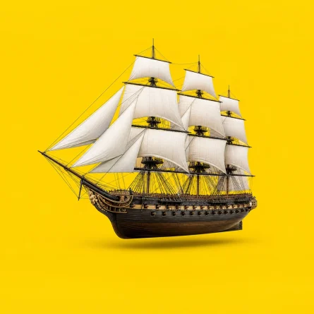 Historic sailing ship isolated on a bright yellow background.