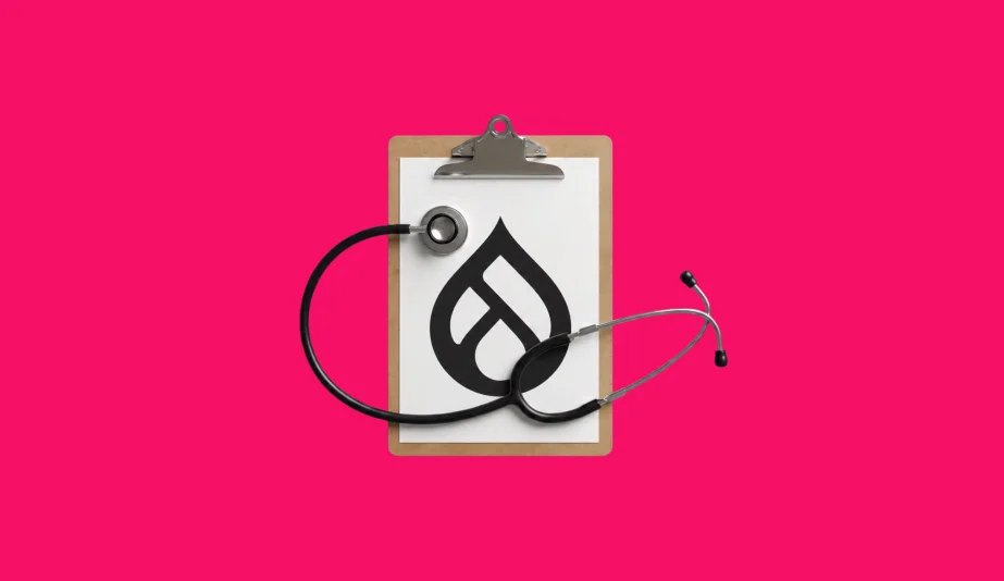 Clipboard displaying the Drupal logo with a stethoscope draped across it on a bright pink background.