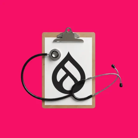 Clipboard displaying the Drupal logo with a stethoscope draped across it on a bright pink background.