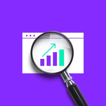 Magnifying glass enlarging an upward-trending analytics chart on a browser window.