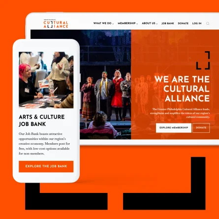 Responsive Greater Philadelphia Cultural Alliance website showing the orange homepage on tablet and the Arts & Culture Job Bank on mobile.