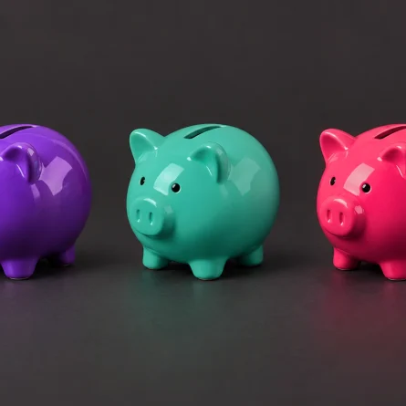 Three piggy banks in purple, mint green, and pink lined up on a charcoal background.