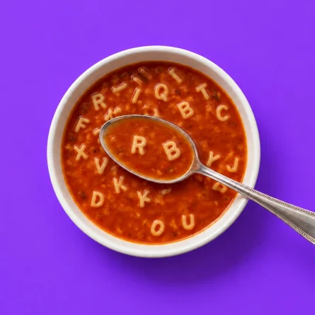 Overhead view of alphabet soup with a spoon holding the pasta letters R and B on a purple background.