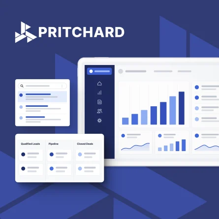 Pritchard logo above an illustrated dashboard with a blue bar chart and a Qualified Leads, Pipeline, and Closed Deals board.