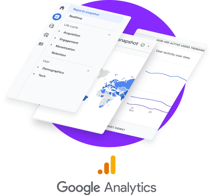 overlapping mobile screens of Google Analytics reports for the product navigation and logo