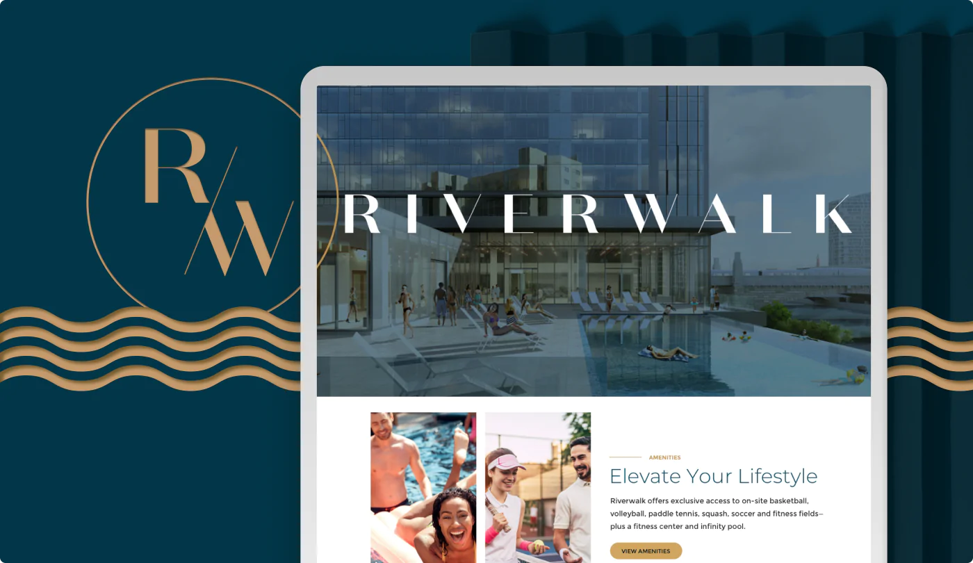 the Riverwalk website on a tablet device with the R/W logo and wave icons surrounding the device