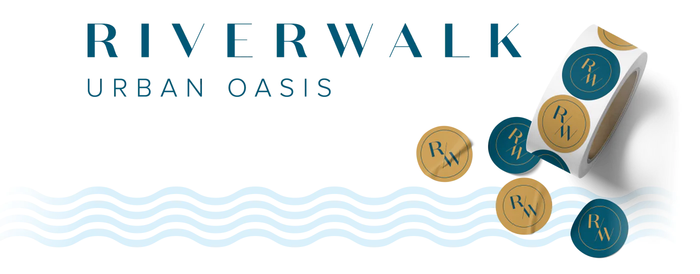 Riverwalk Urban Oasis logo and R/W logo as stickers on a roll and the wave emblem