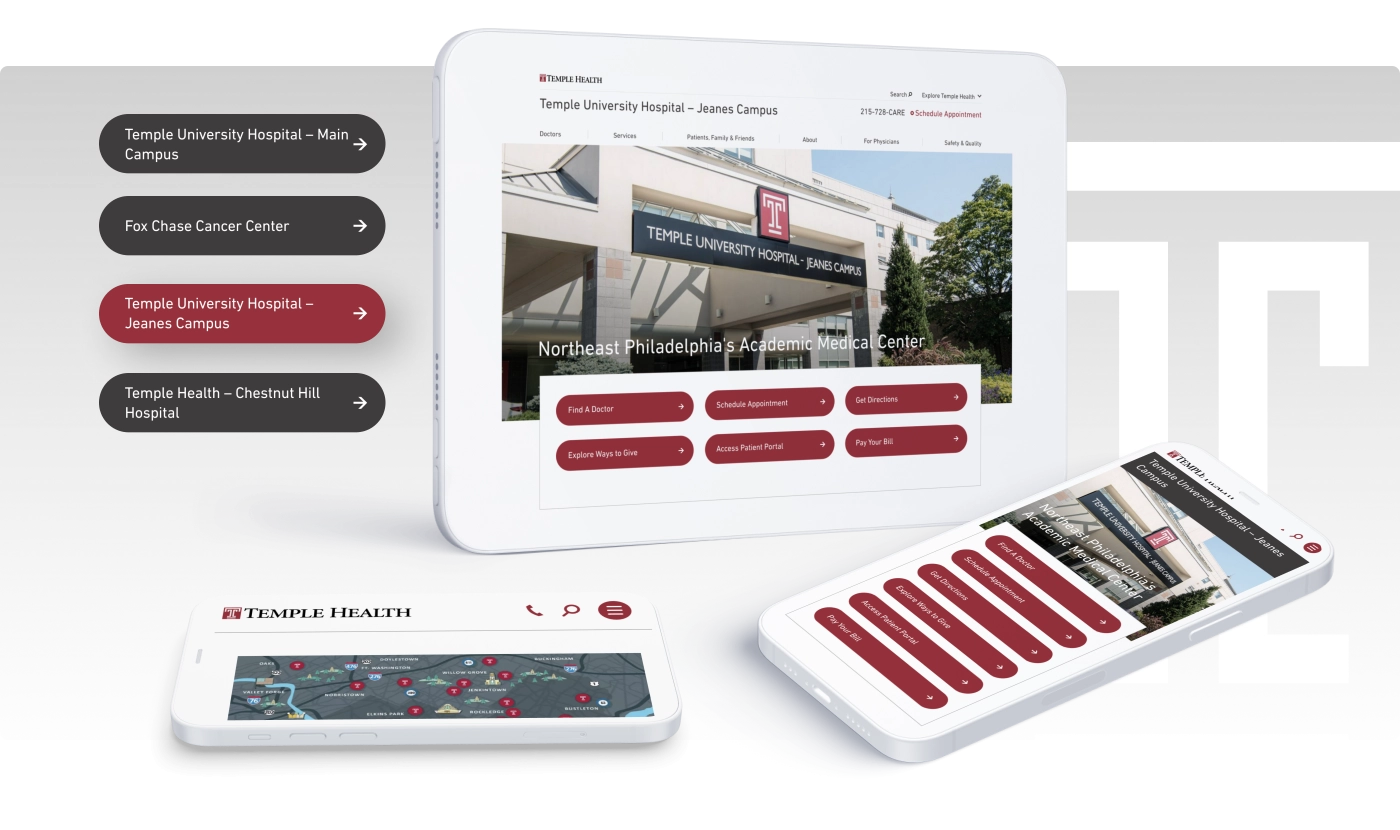 the Temple Health website on tablet and two mobile devices with the Temple T behind it