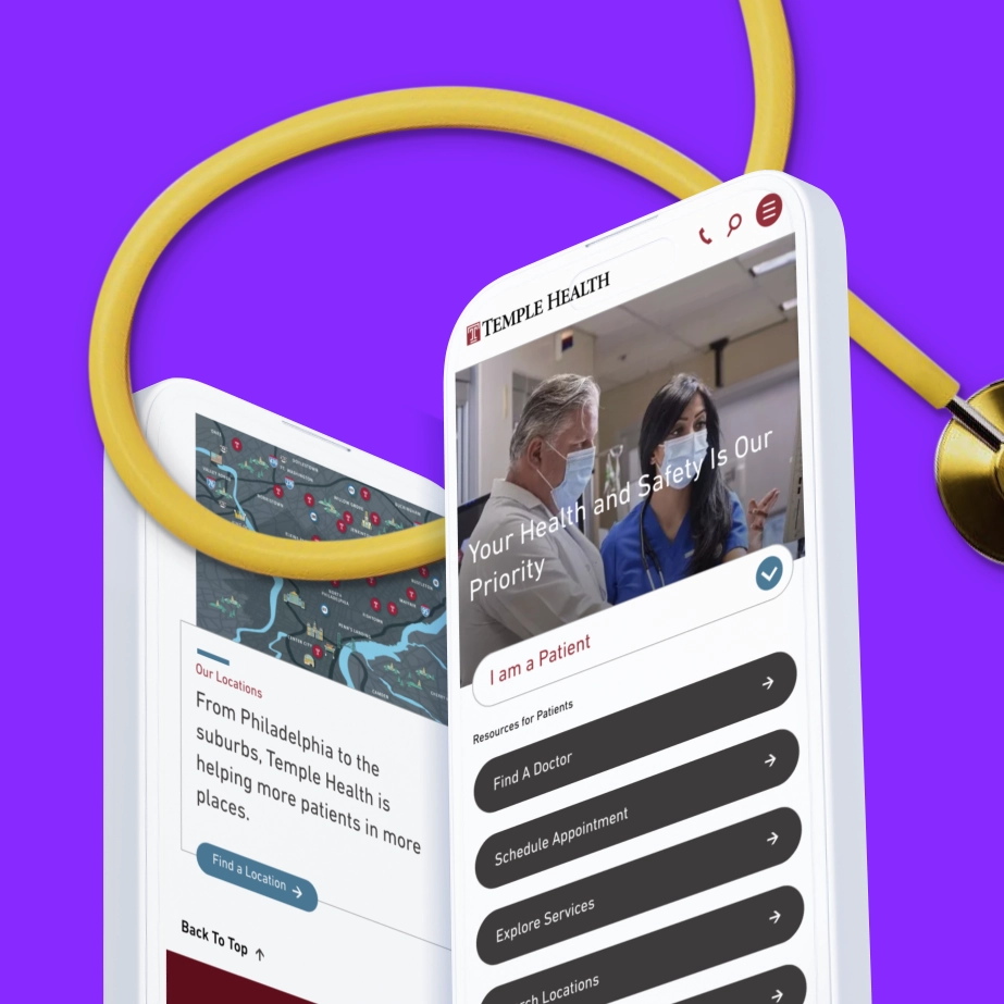 the Temple Health website on two mobile screens