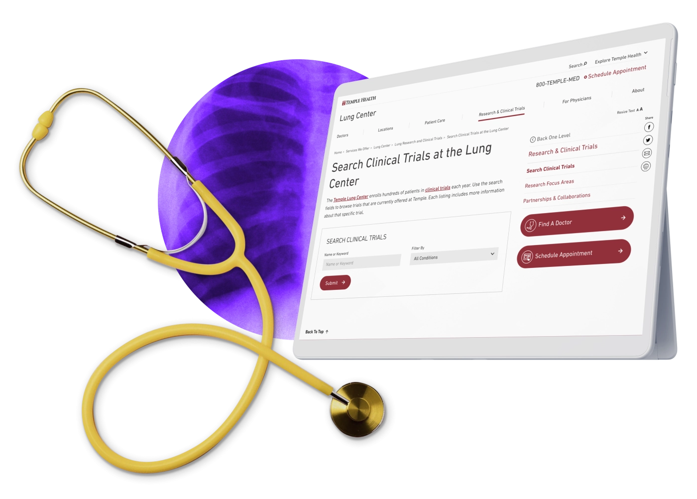 a yellow stethoscope in front of a purple X-ray of a chest next to the Temple Health website on a tablet device