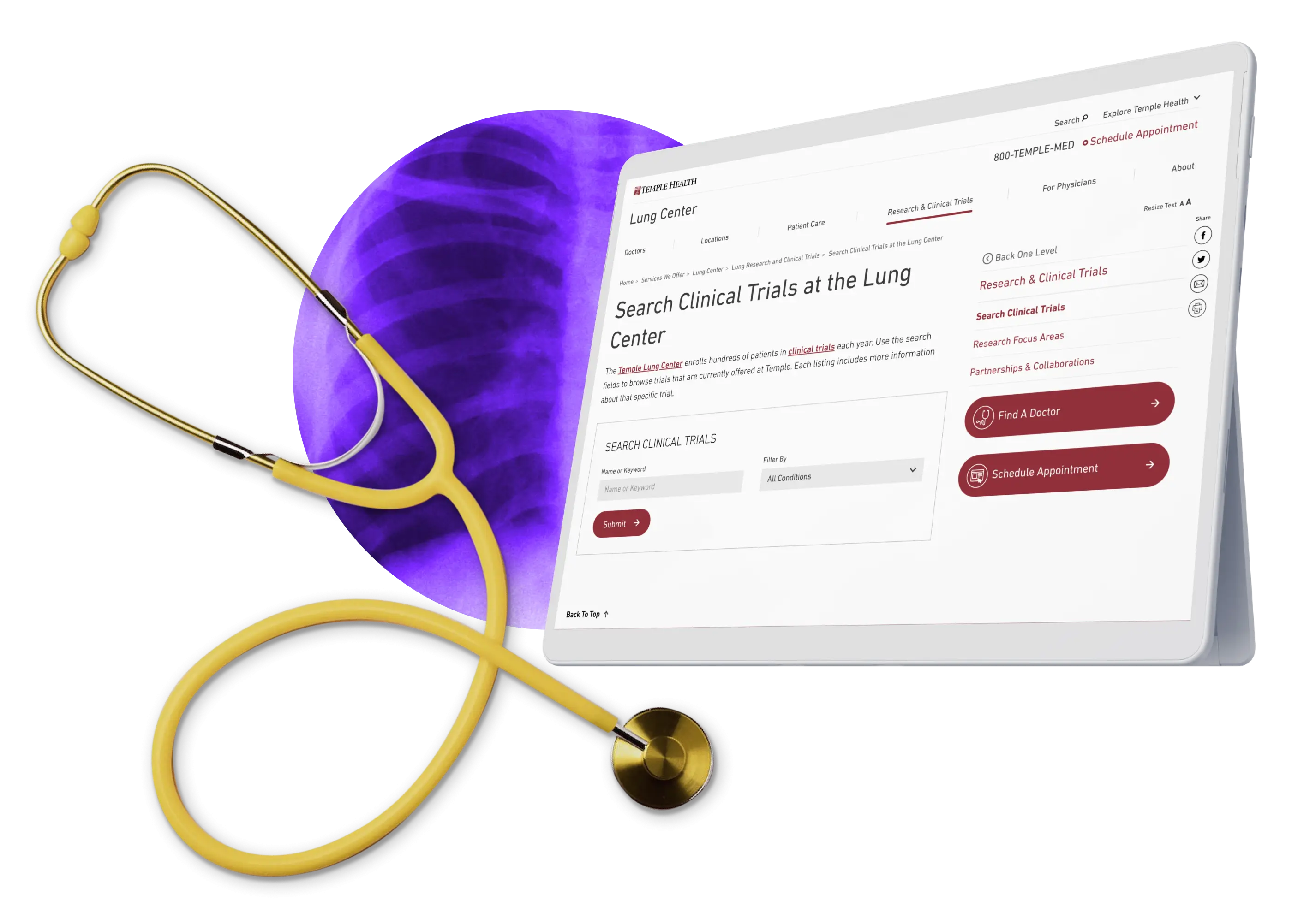 a yellow stethoscope in front of a purple X-ray of a chest next to the Temple Health website on a tablet device