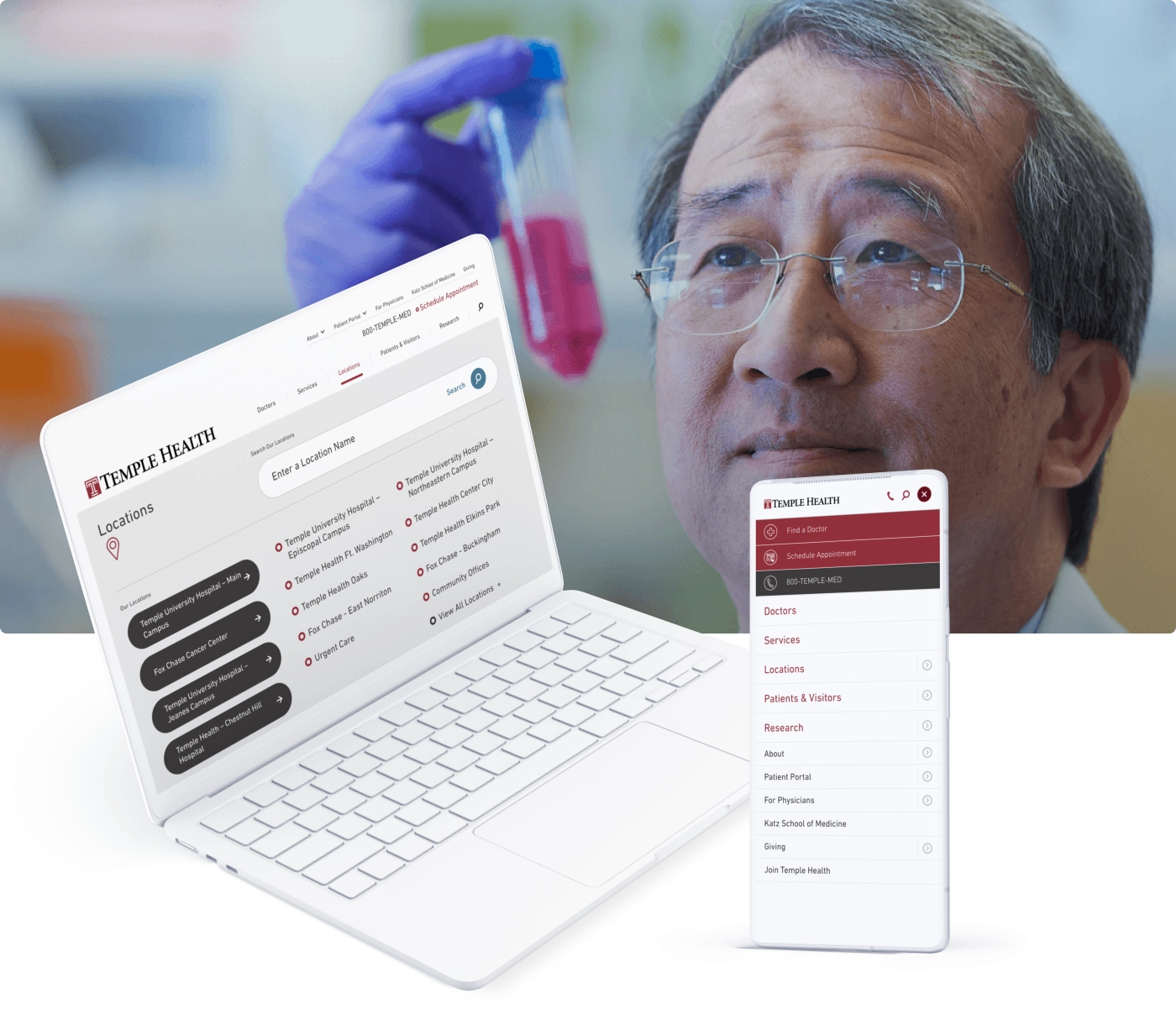 the Temple Health website on a laptop and mobile device screen on top of a background closeup of a male doctor looking a red test tube