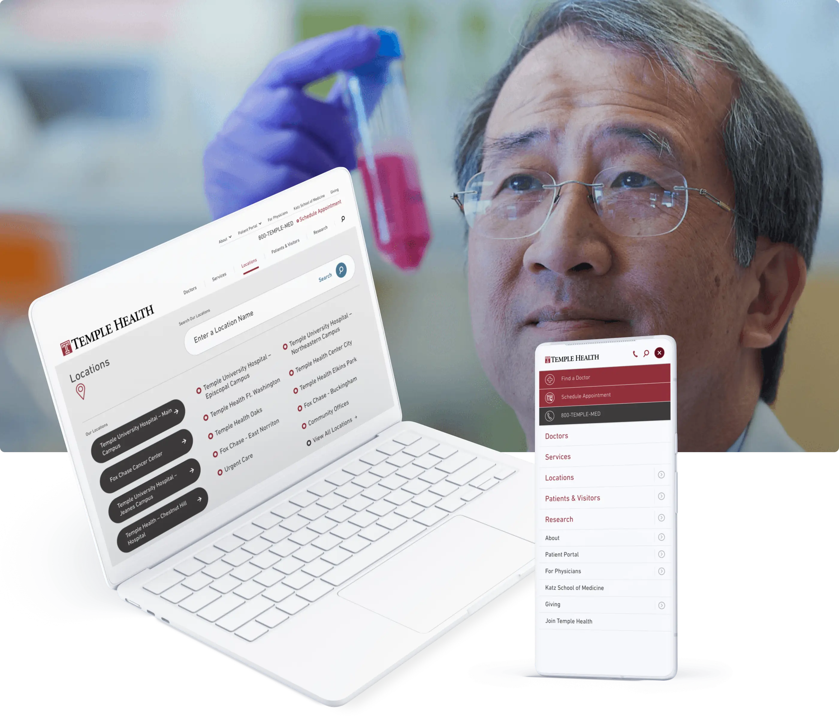 Temple Health website displayed on laptop and mobile devices