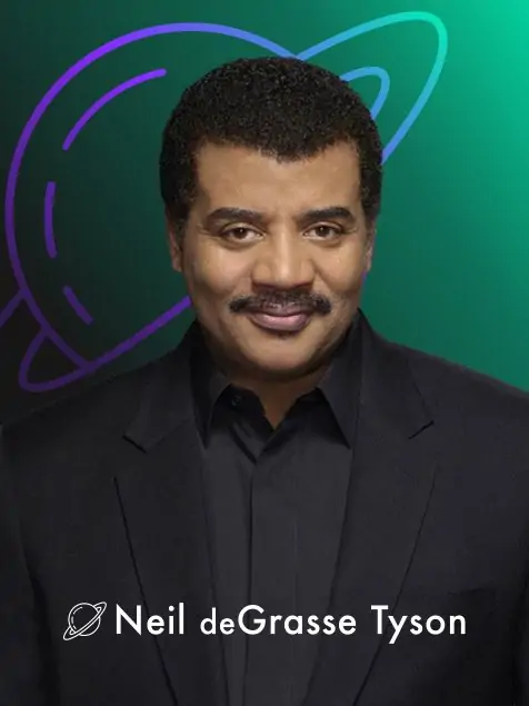 A portrait of Neil deGrasse Tyson against a background gradient of vibrant purple and green hues. Behind him, there is a planet icon, representing his renowned expertise in astrophysics and space exploration.