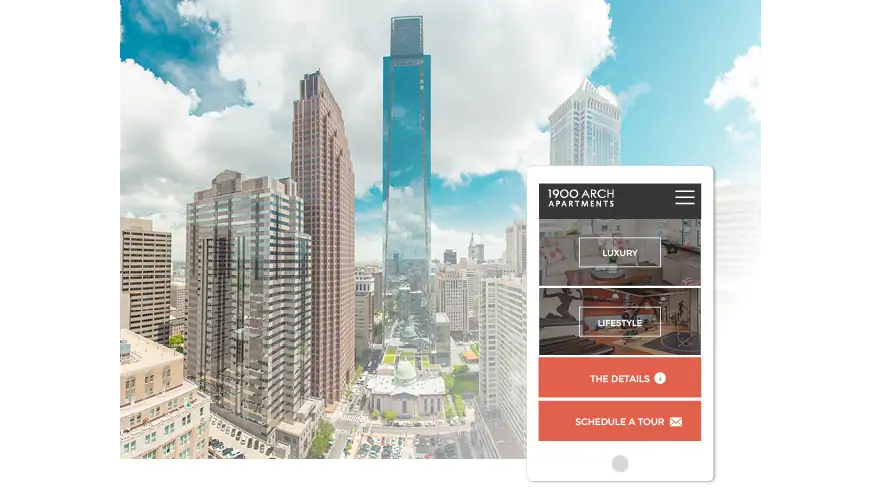 1900 Arch Apartments mobile homepage on top of a photo of the Philly skyline view of the Comcast tower and other skyscrapers