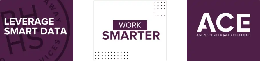 designed blocks that say Leverage Smart Data, Work Smarter, and ACE Agent Center for Excellence