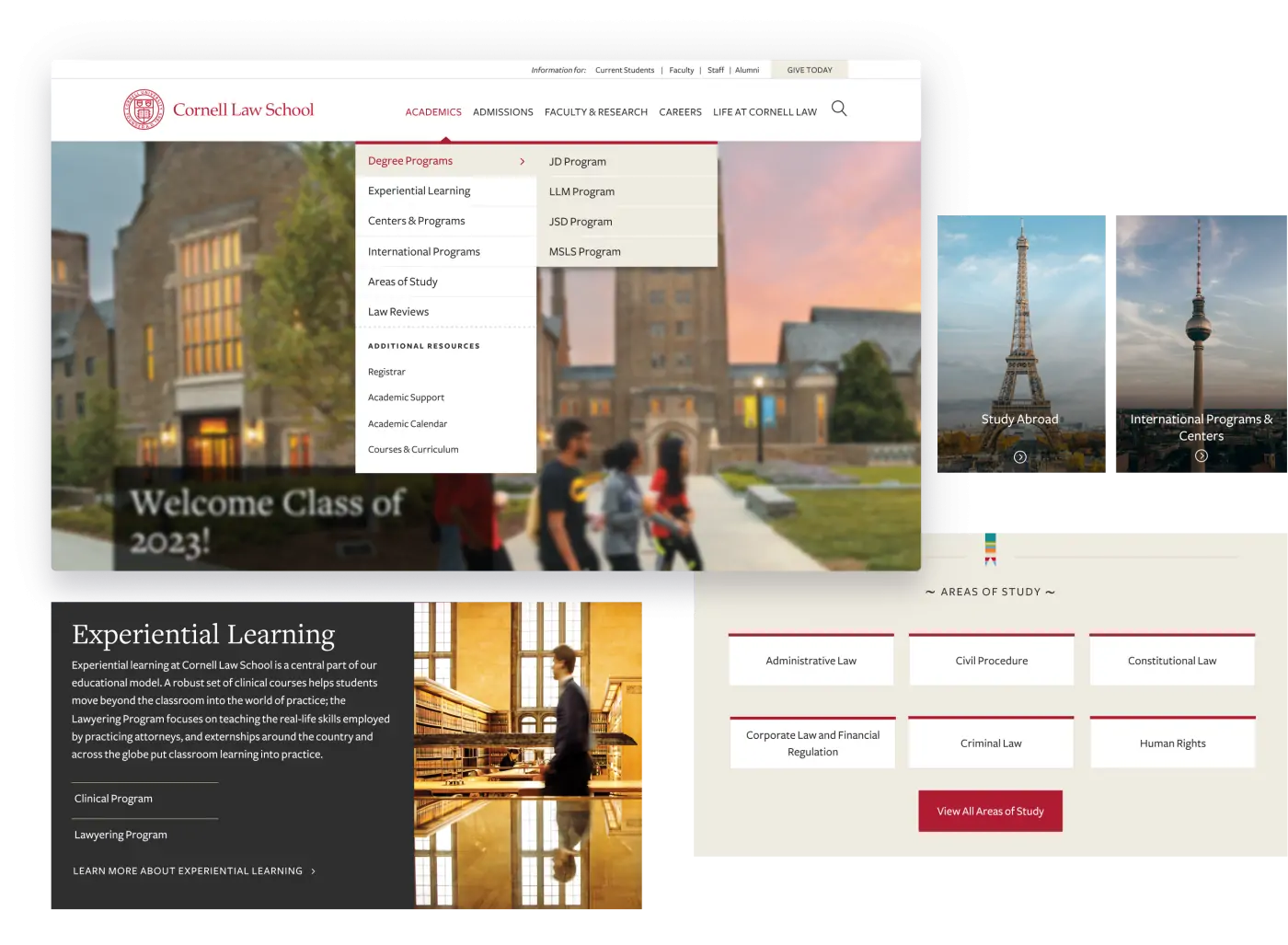 collage of examples from the Cornell Law website with the dropdown navigation menu, callouts, switchbacks, and areas of study anchor links