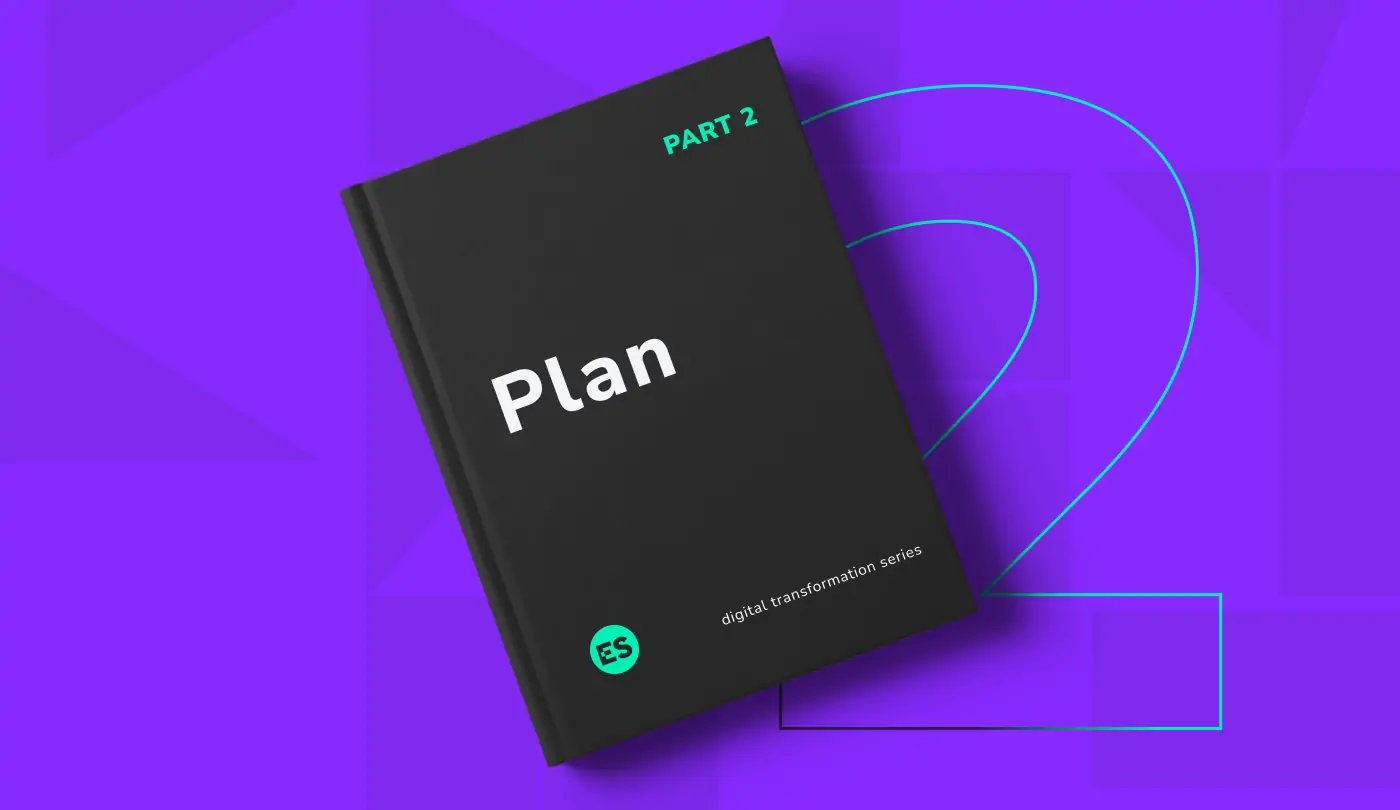 Black book cover featuring the title 'Plan' in the center. The bottom left corner displays the ES monogram. At the top right corner, 'Part 2' is prominently shown. In the background a captivating graphic of an outlined number '2' in purple to green gradient.