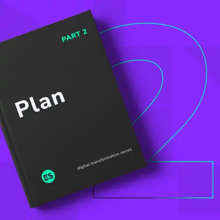 Black book cover featuring the title 'Plan' in the center. The bottom left corner displays the ES monogram. At the top right corner, 'Part 2' is prominently shown. In the background a captivating graphic of an outlined number '2' in purple to green gradient.