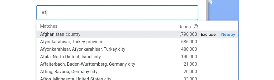 the Google Ads field to match country names