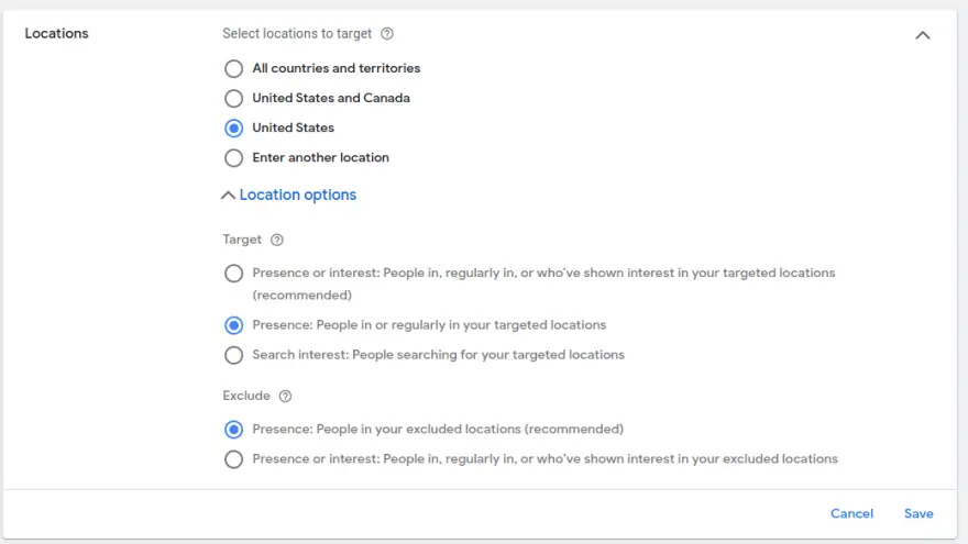 Google Ads locations settings