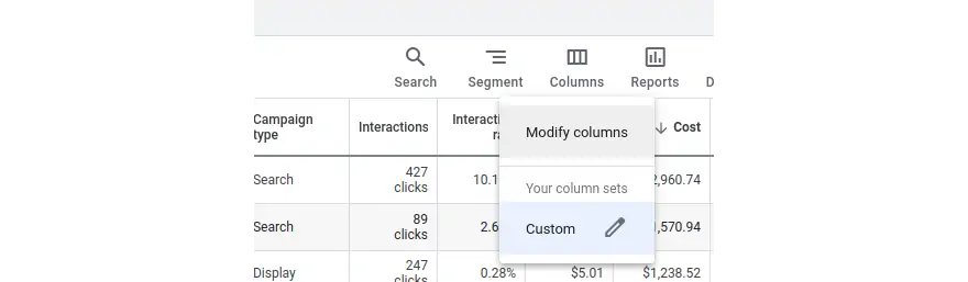 Google Ads interface showing the Modify Columns popup in front the campaign list
