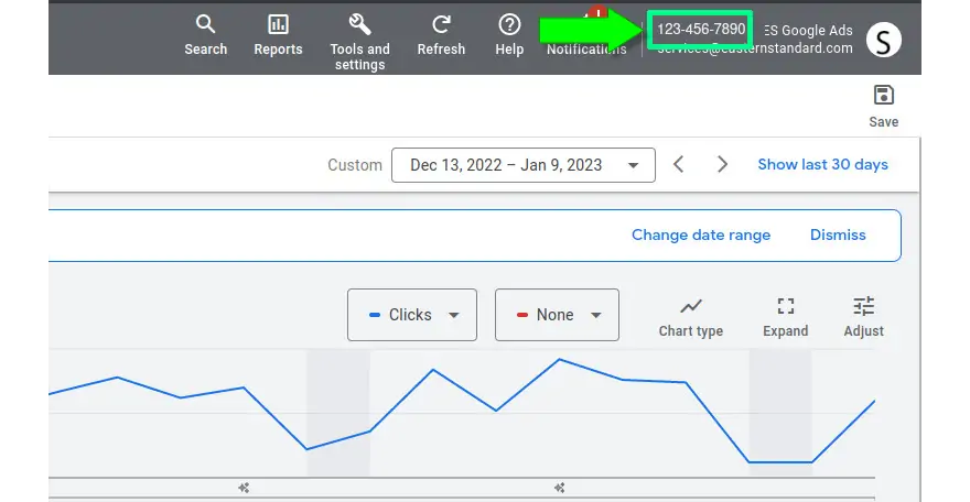 Google Ads interface highlighting customer ID in upper right corner