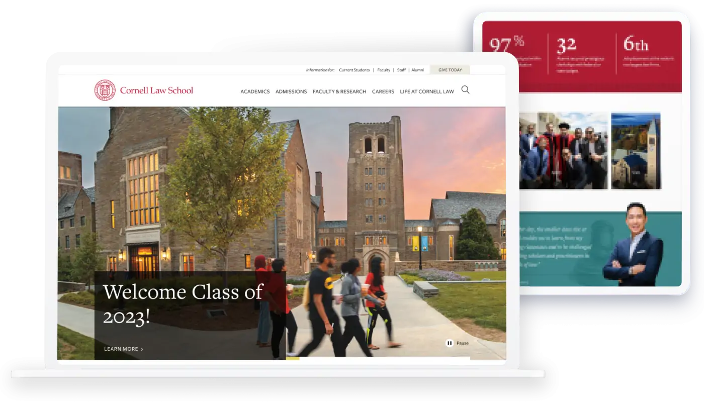 Cornell Law's website on desktop and tablet with the main menu and hero that says Welcome Class of 2023