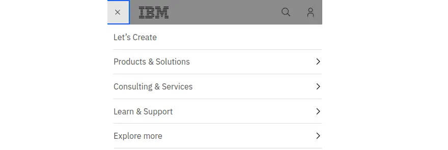 IBM's mobile website menu featuring Let's Create, Products & Solutions, Consulting & Services, Learn & Support, and Explore more