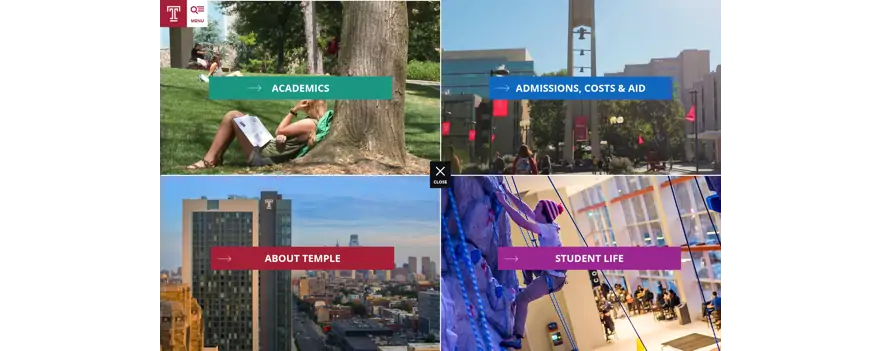 screenshots from the Temple viewbook for Academics, Admissions, Costs, and Aid, About Temple, and Student Life