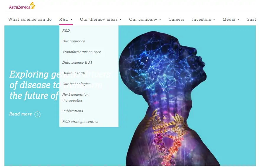 AstraZeneca's website with the dropdown menu showing the R&D menu items and R&D is listed first