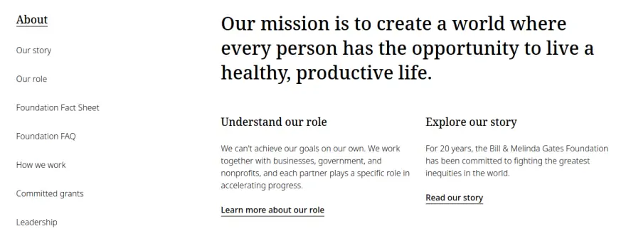 the sidebar menu for the Gates Foundation website