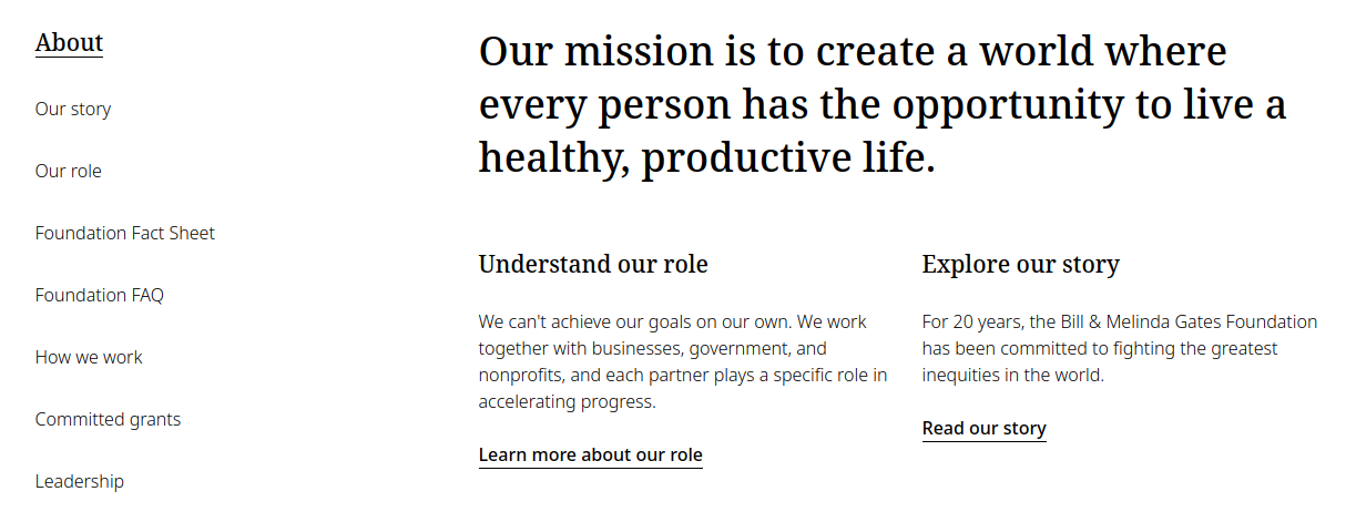 the sidebar menu for the Gates Foundation website
