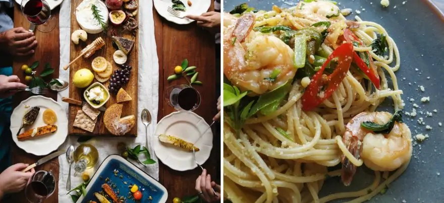 overhead of people's hands around a fancy cheeseboard full of food and a close up of shrimp in pasta