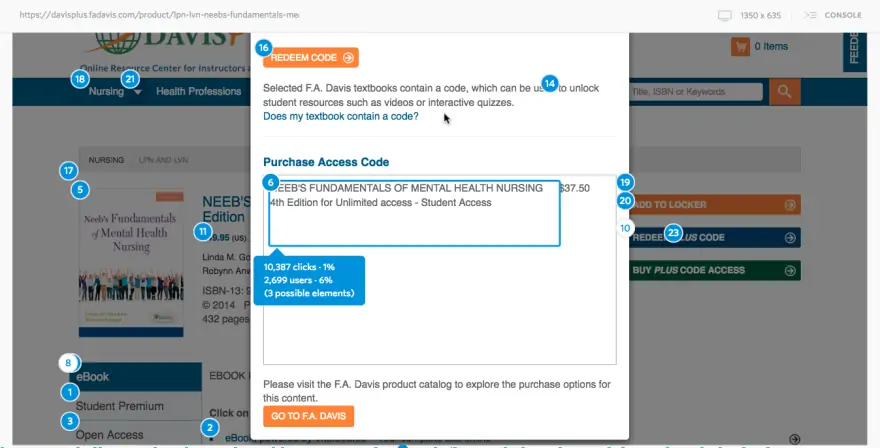 heatmap showing clicks on a website's popup to redeem a purchase code