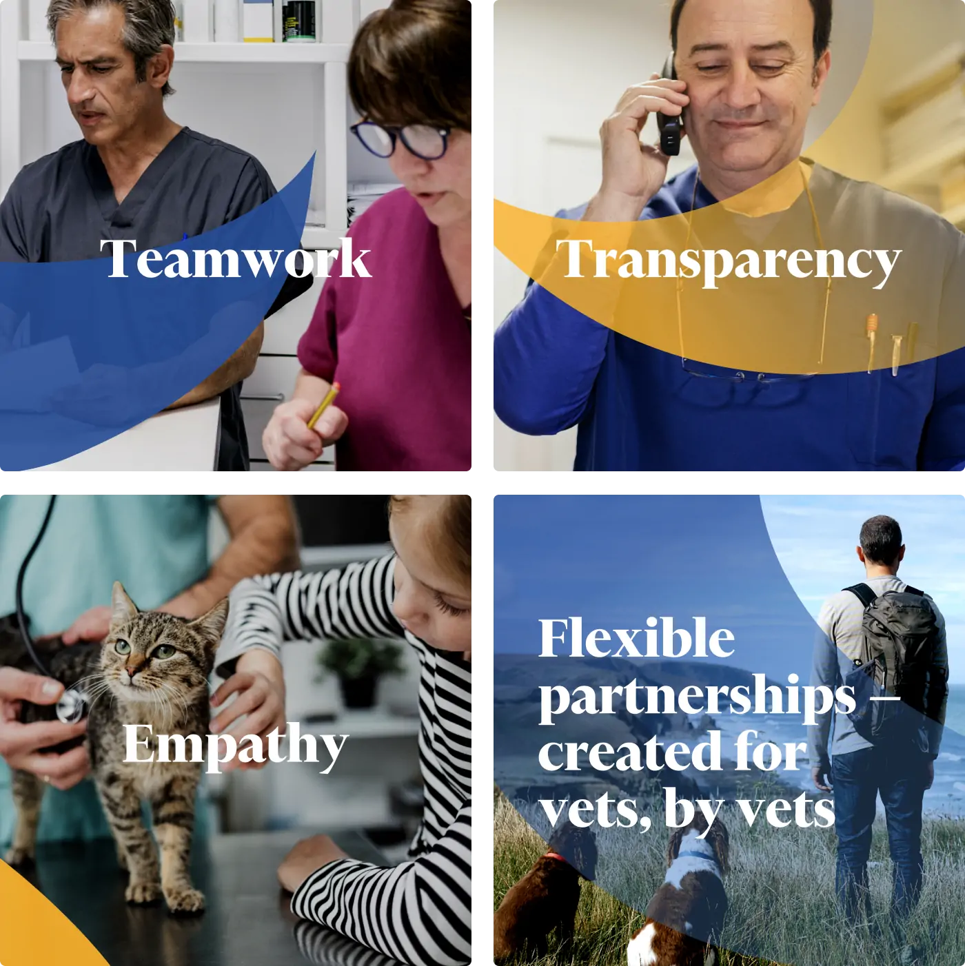 four images depicting humans and cats and dogs with the words, teamwork, transparency, empathy, and flexible partnerships created for vets by vets